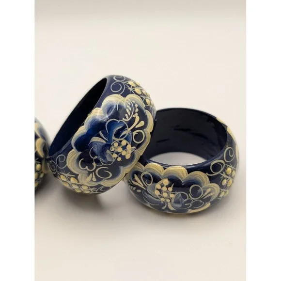 Hand Painted Blue Floral Wooden Napkin Rings Gzhel Style Set of 4 - Picture 2 of 4